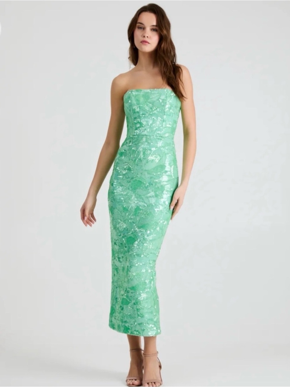 Strapless Mint Green Sequin Midi Dress